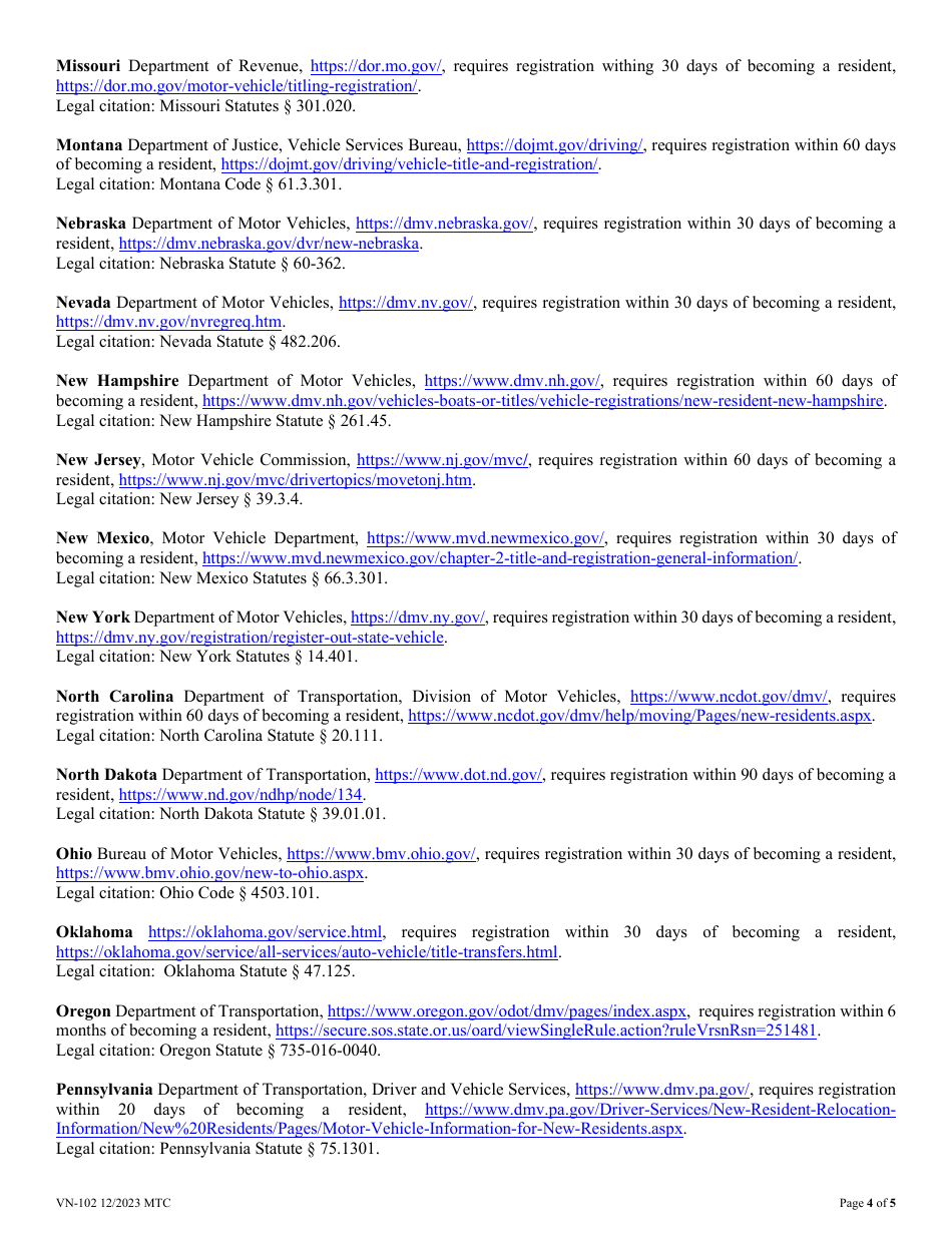 Form VN-102 Out-of-State Registration Certification - Vermont, Page 4