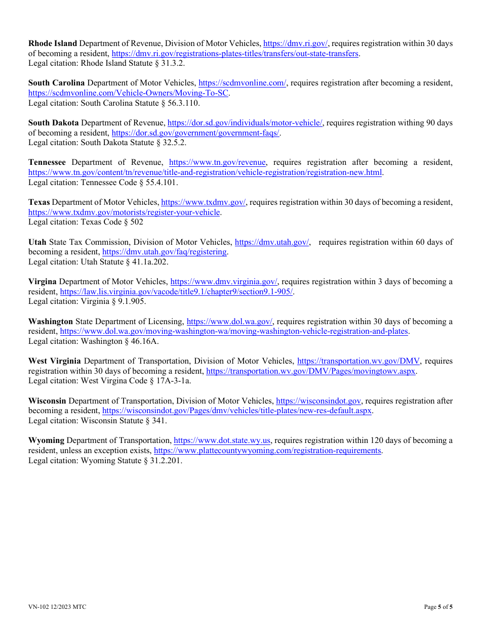 Form VN-102 Out-of-State Registration Certification - Vermont, Page 5