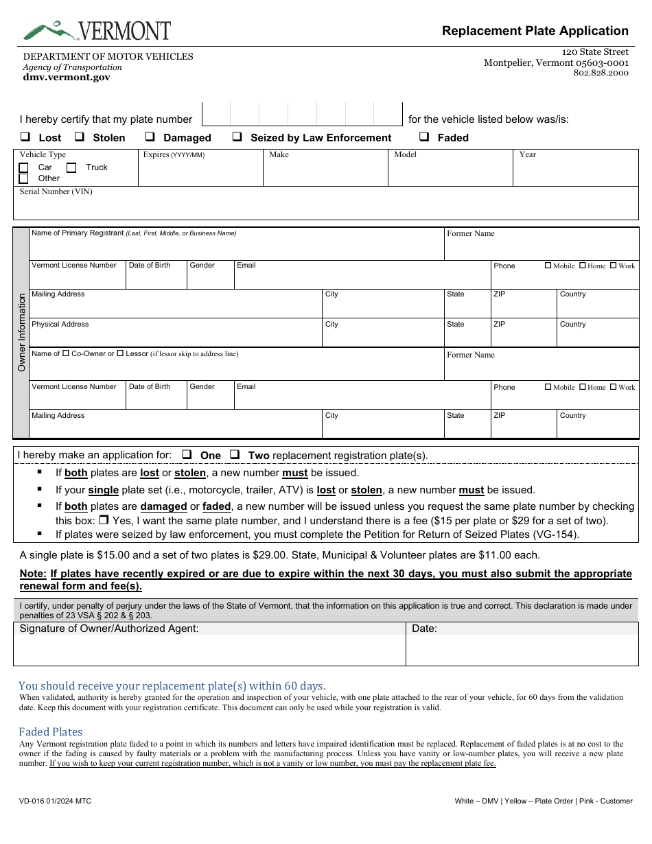 Form VD-016 Replacement Plate Application - Vermont, Page 1