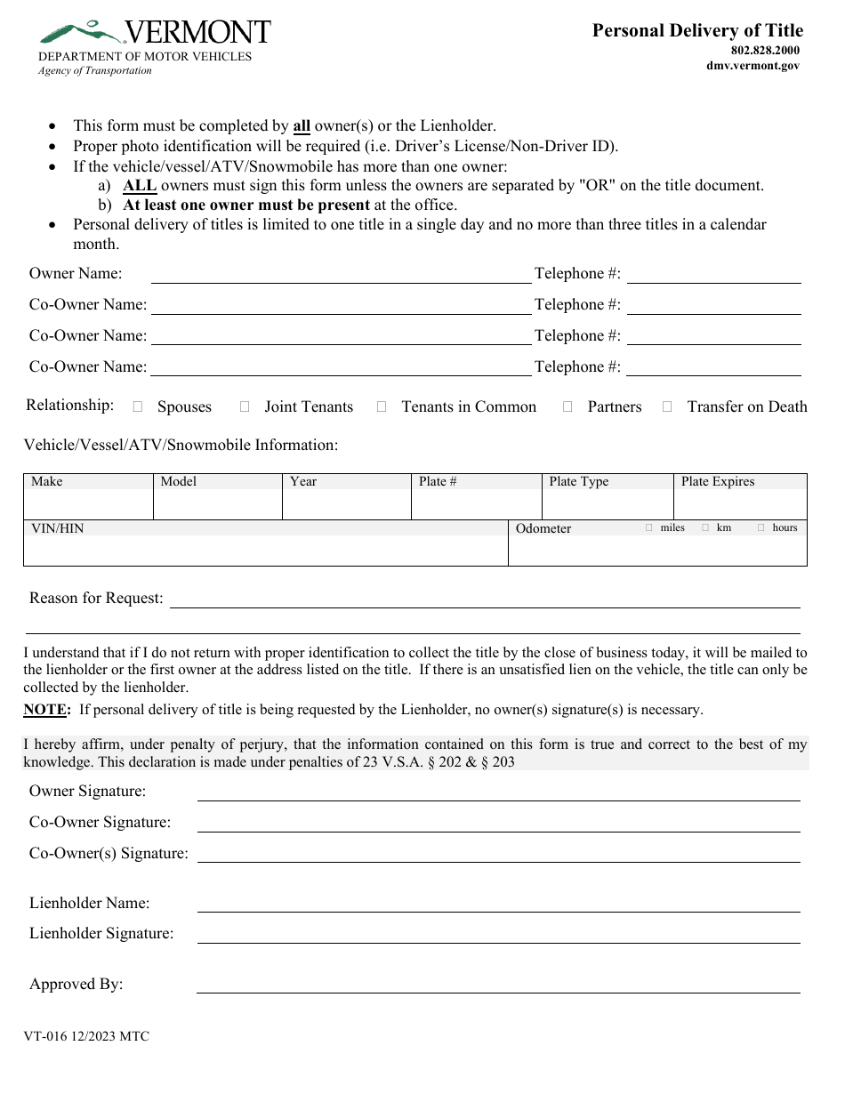Form VT-016 Personal Delivery of Title - Vermont, Page 1