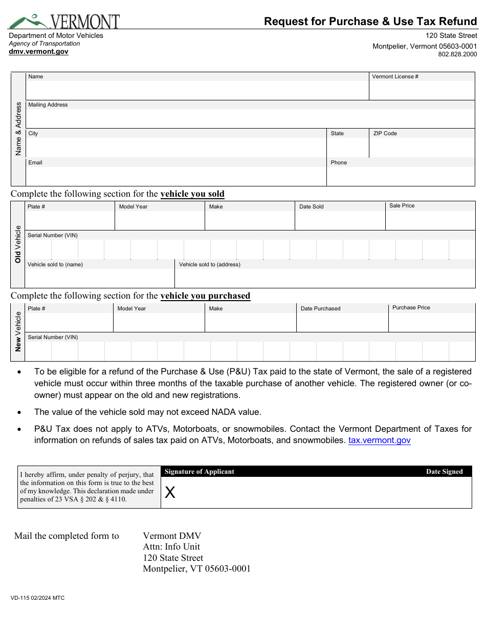 Form VD-115 - Fill Out, Sign Online And Download Fillable PDF, Vermont ...