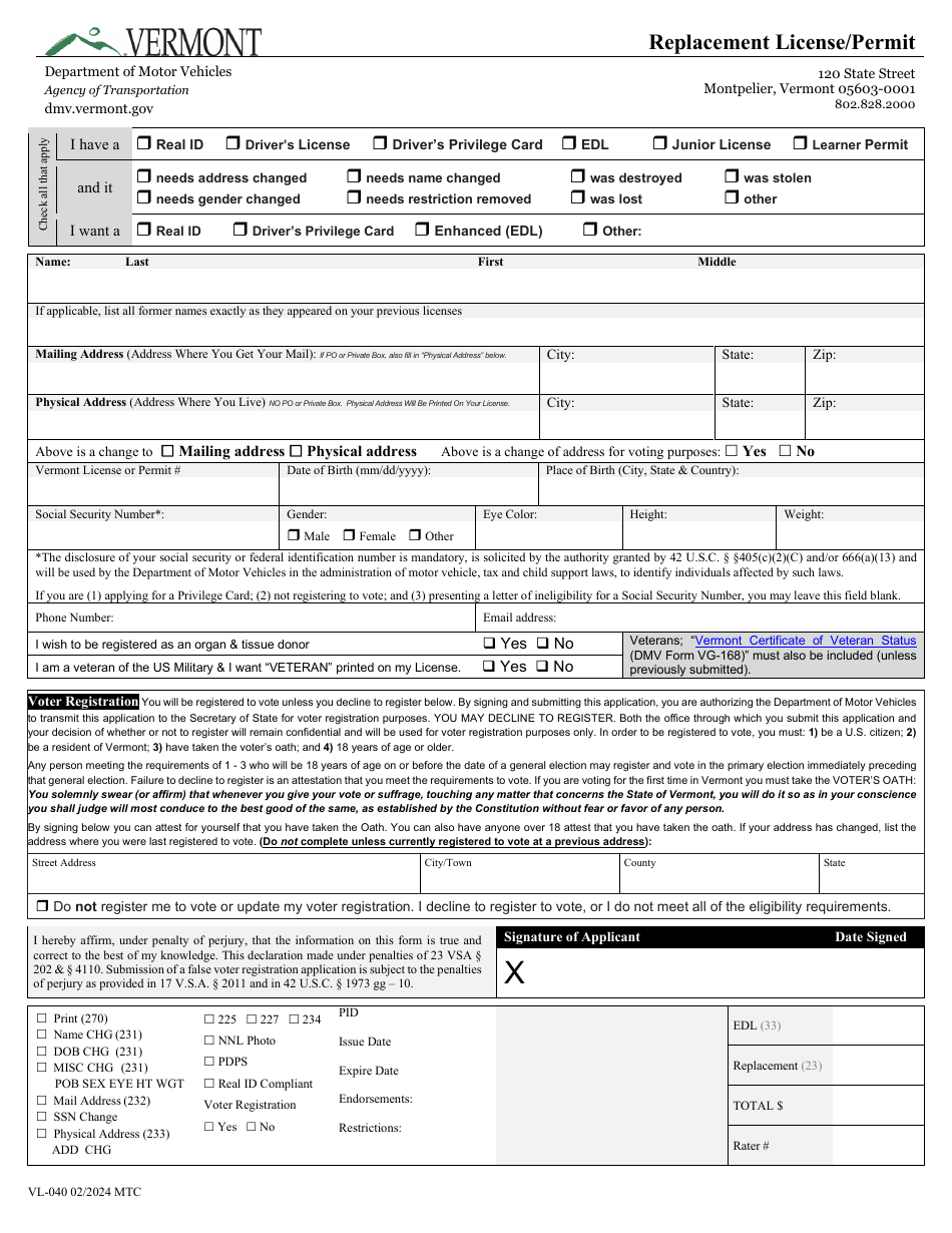 Form VL-040 Replacement License / Permit - Vermont, Page 1