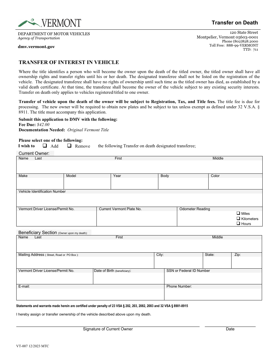 Form VT-007 Transfer on Death - Vermont, Page 1
