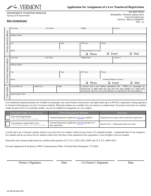 Form VD-166 Application for Assignment of a Low Numbered Registration - Vermont