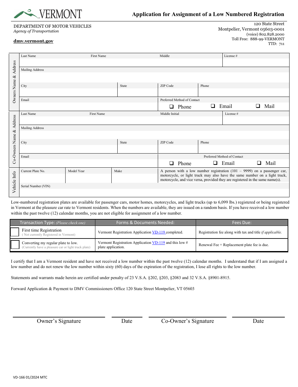 Form VD-166 Application for Assignment of a Low Numbered Registration - Vermont, Page 1