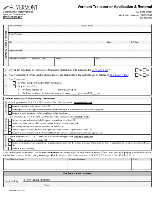 Form VD-009 Vermont Transporter Application and Renewal - Vermont