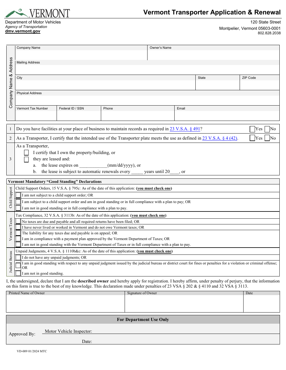 Form VD-009 Vermont Transporter Application and Renewal - Vermont, Page 1