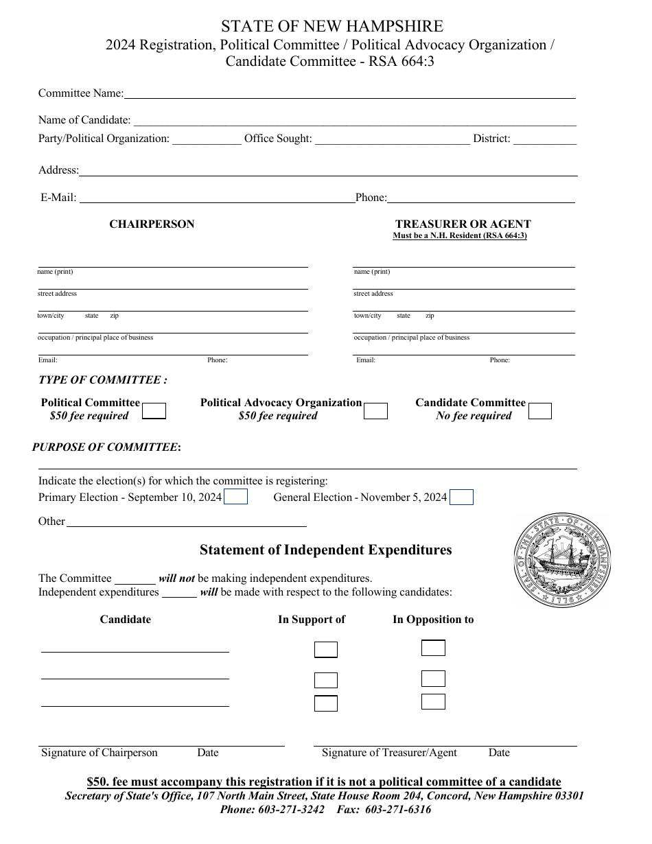 Registration Form - Political Committee / Political Advocacy Organization / Candidate Committee - New Hampshire, Page 1