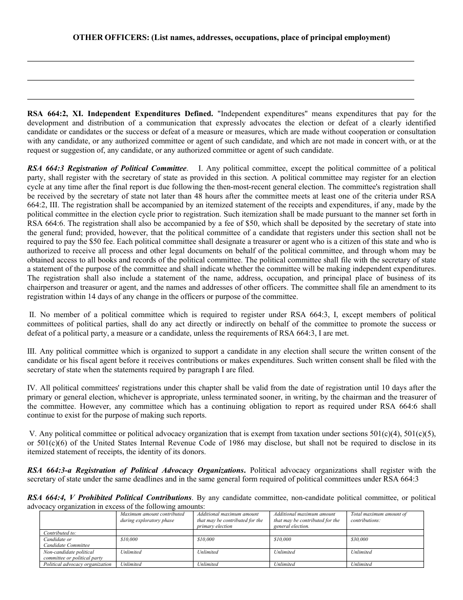 Registration Form - Political Committee / Political Advocacy Organization / Candidate Committee - New Hampshire, Page 2