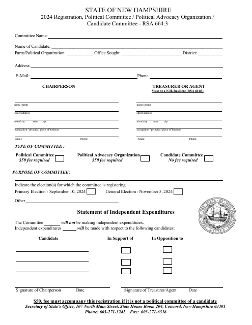 Registration Form - Political Committee / Political Advocacy Organization / Candidate Committee - New Hampshire Download Pdf