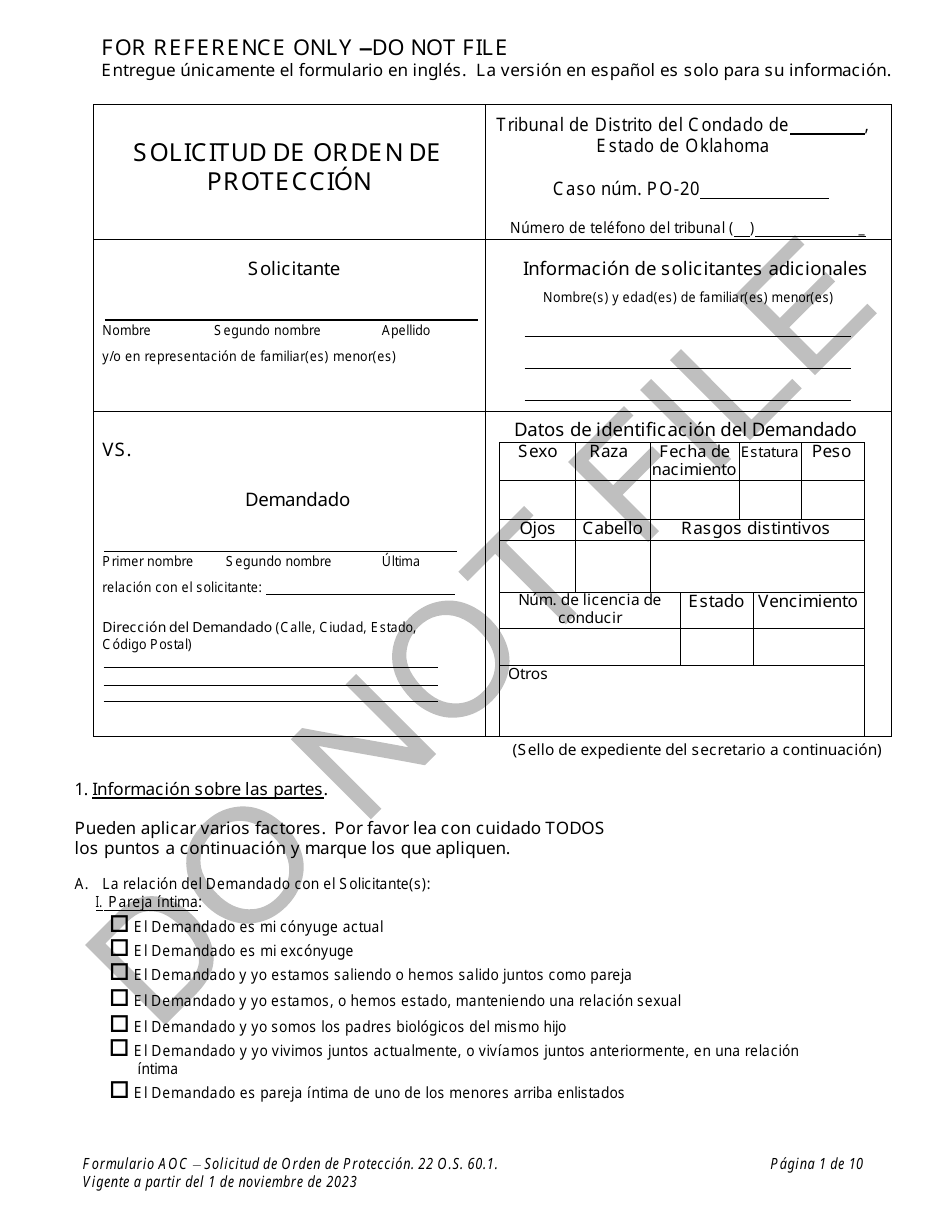Solicitud De Orden De Proteccion - Oklahoma (Spanish), Page 1