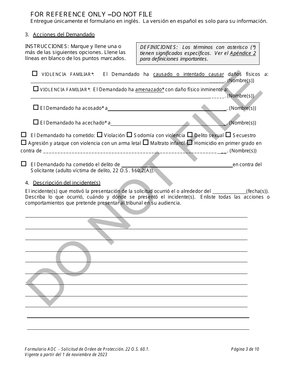 Solicitud De Orden De Proteccion - Oklahoma (Spanish), Page 3