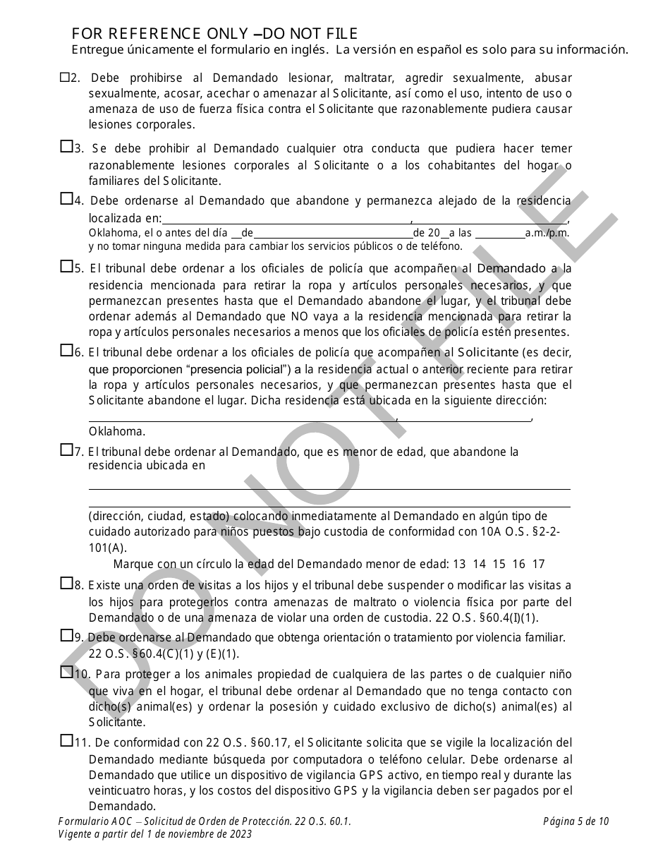 Solicitud De Orden De Proteccion - Oklahoma (Spanish), Page 5