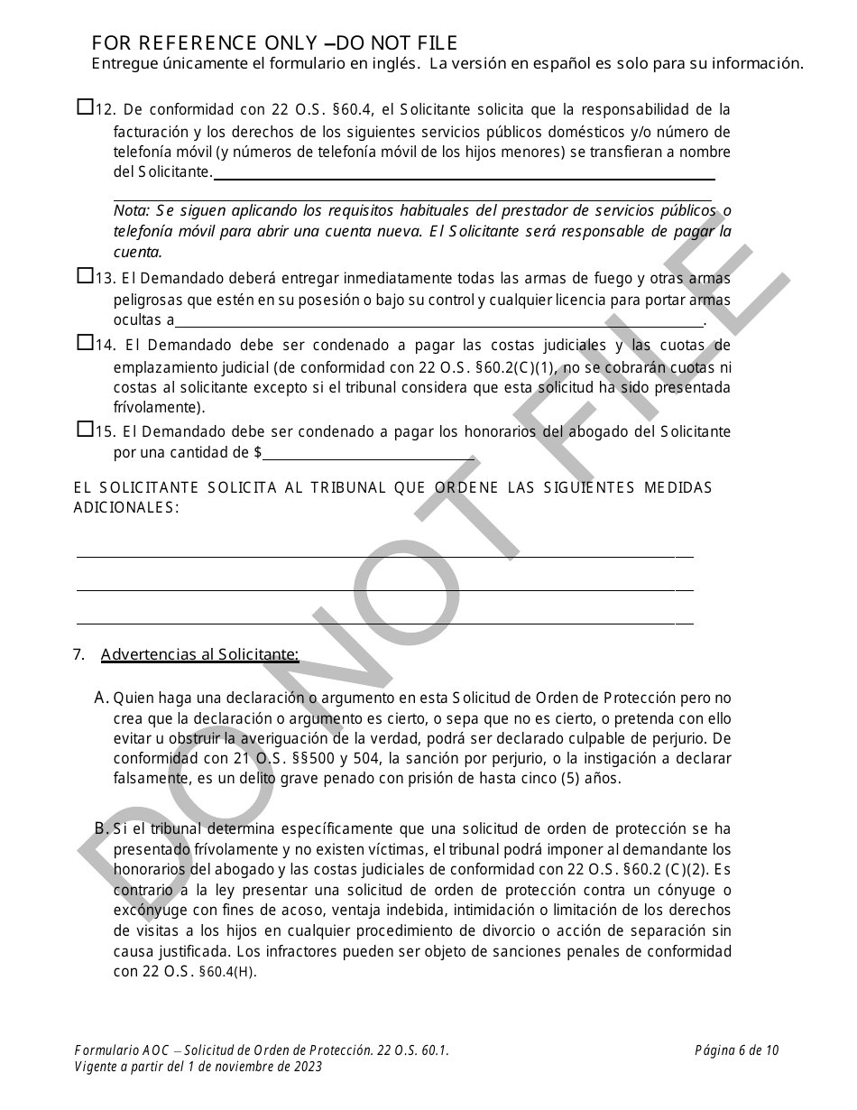 Solicitud De Orden De Proteccion - Oklahoma (Spanish), Page 6