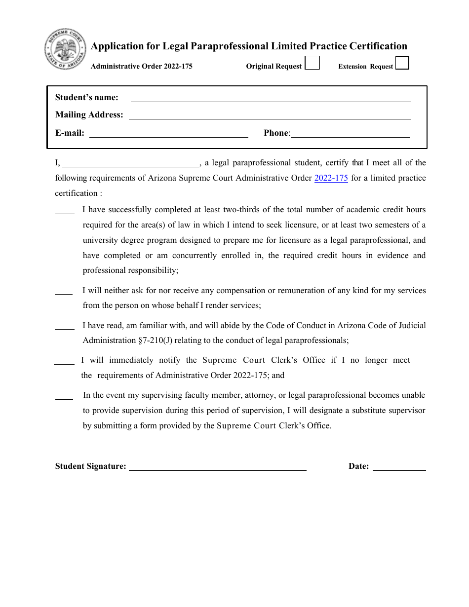 Application for Legal Paraprofessional Limited Practice Certification - Arizona, Page 1