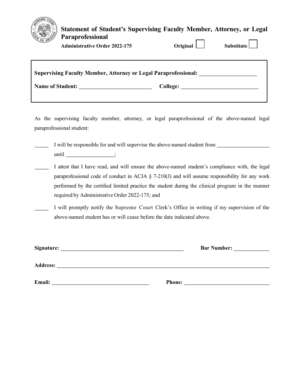 Statement of Students Supervising Faculty Member, Attorney, or Legal Paraprofessional - Arizona, Page 1