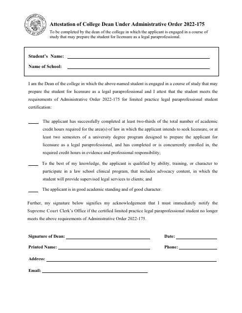 Attestation of College Dean Under Administrative Order 2022-175 - Arizona Download Pdf