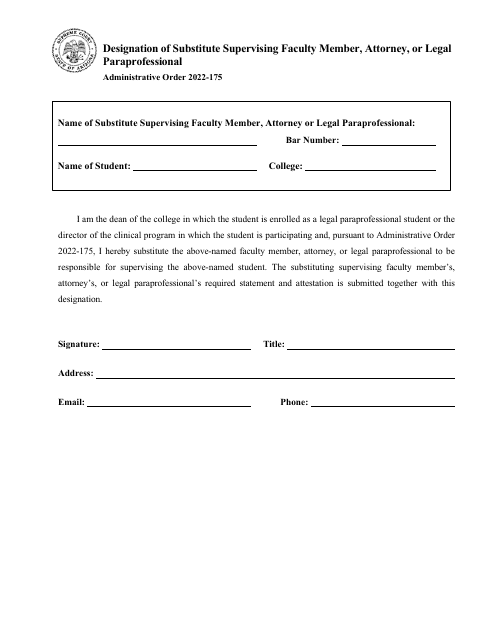 Designation of Substitute Supervising Faculty Member, Attorney, or Legal Paraprofessional - Arizona Download Pdf