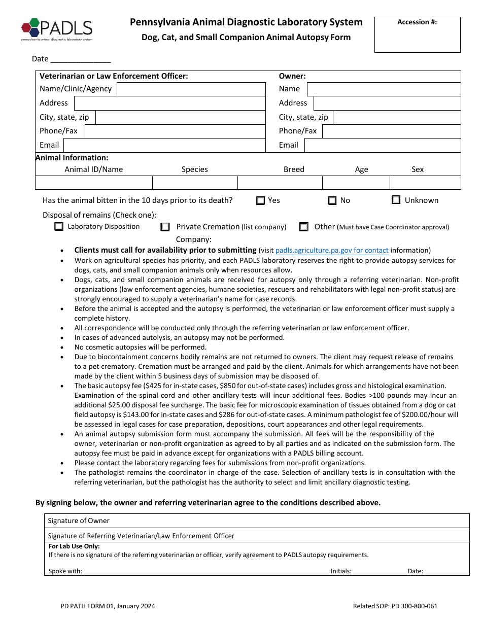 PD PATH Form 01 Dog, Cat, and Small Companion Animal Autopsy Form - Pennsylvania, Page 1