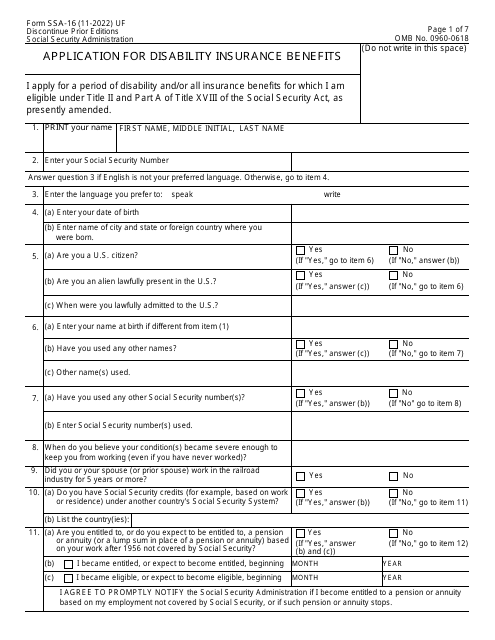 Form SSA-16 Application for Disability Insurance Benefits