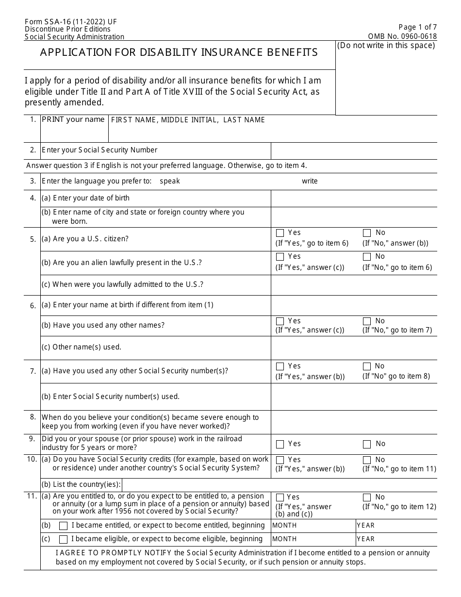 Form SSA-16 Application for Disability Insurance Benefits, Page 1
