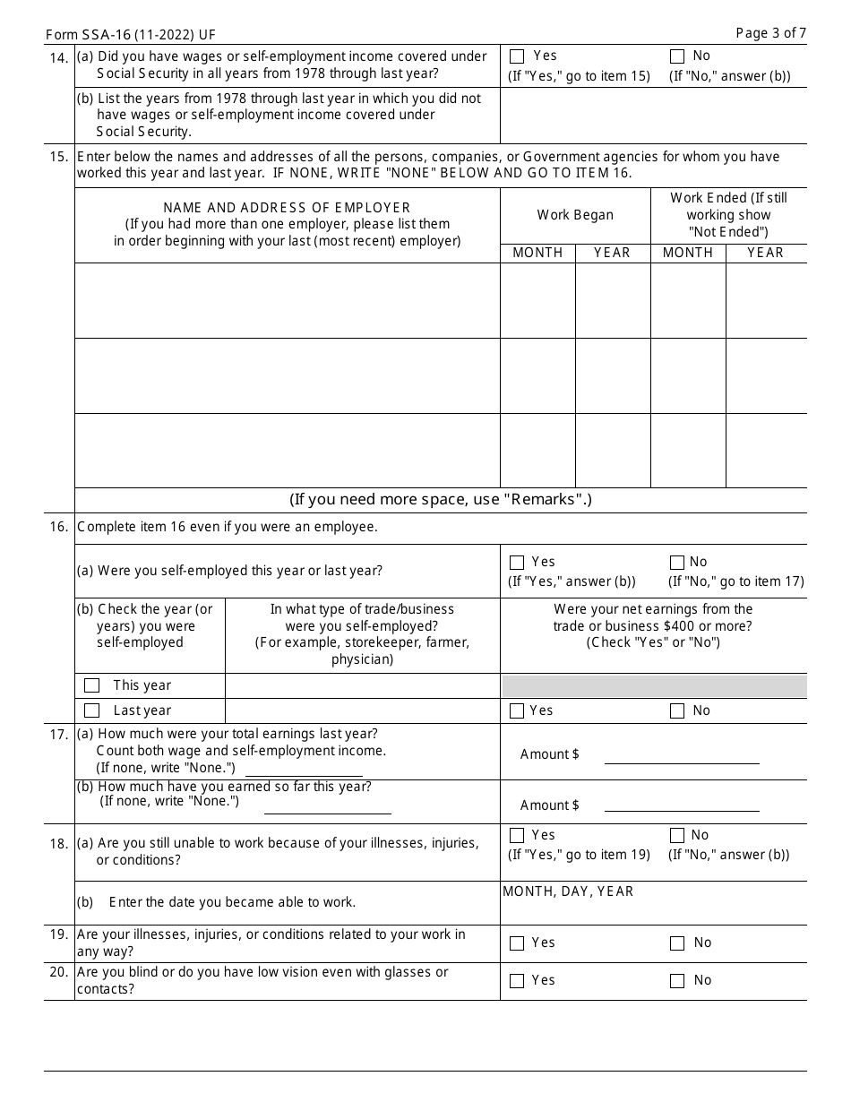 Form SSA-16 Application for Disability Insurance Benefits, Page 3