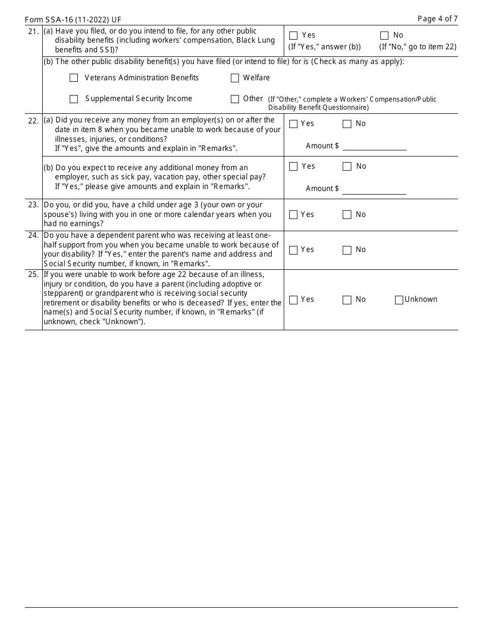 Form SSA-16 Application for Disability Insurance Benefits, Page 4