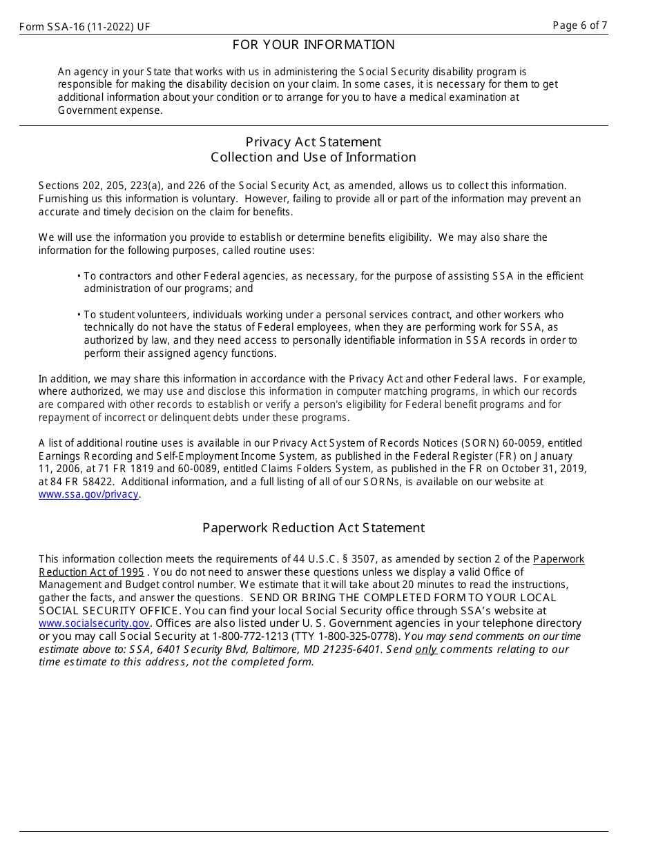 Form SSA-16 Application for Disability Insurance Benefits, Page 6