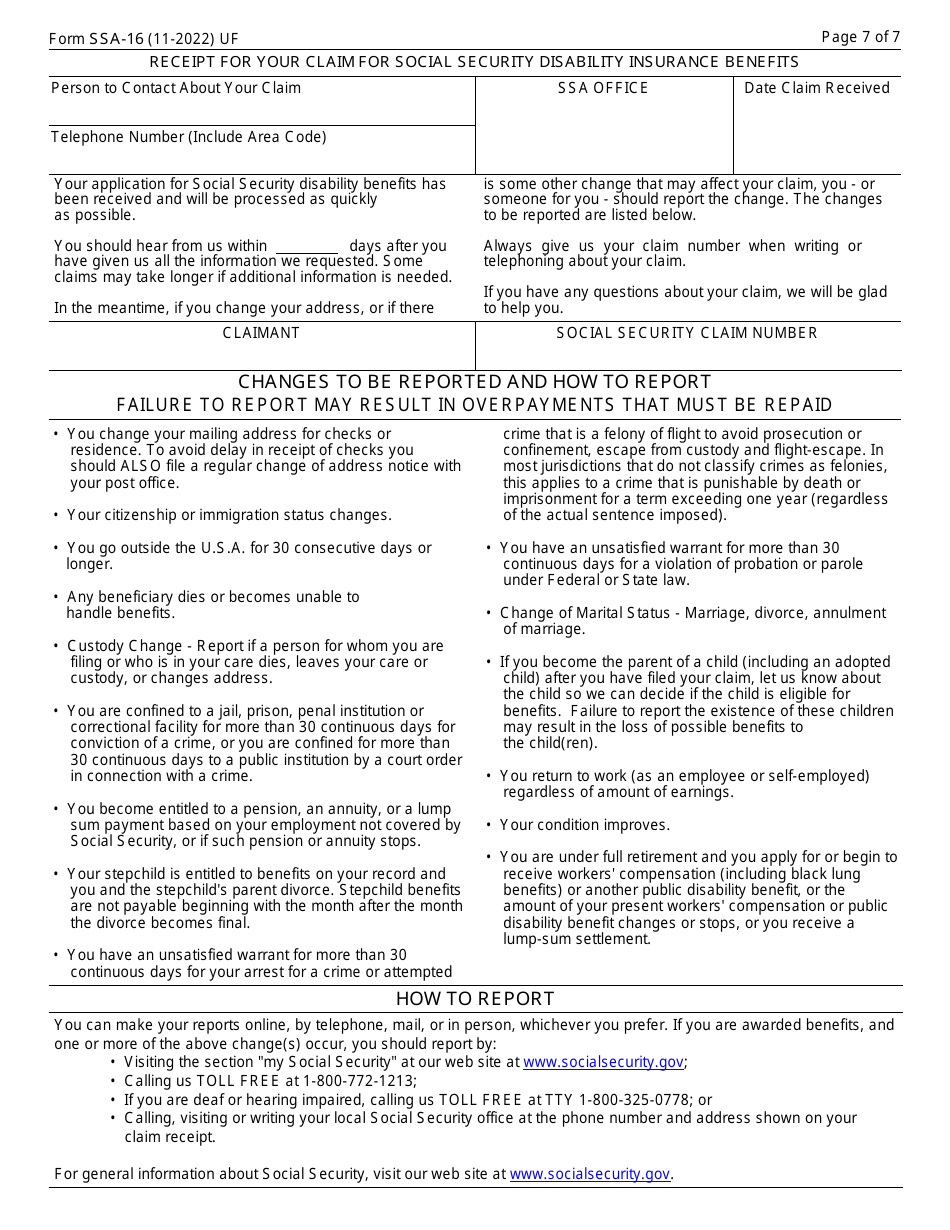 Form SSA-16 Application for Disability Insurance Benefits, Page 7