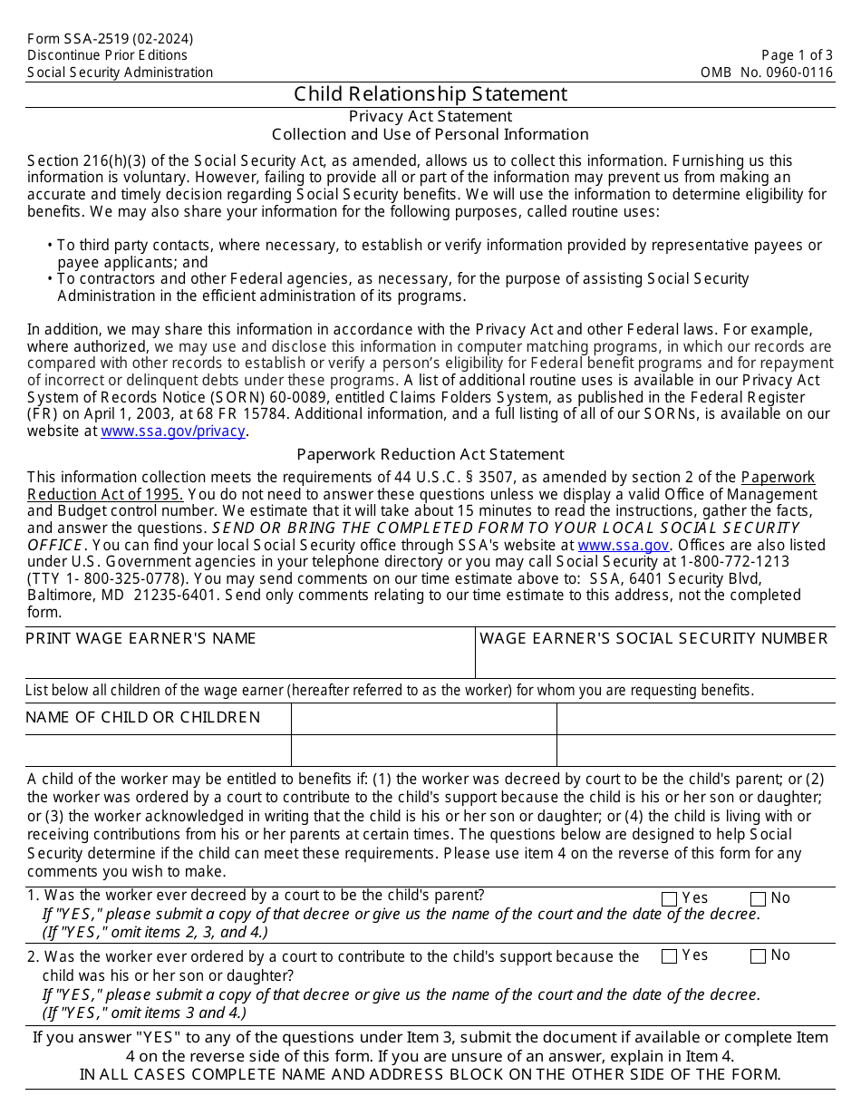 Form SSA-2519 Child Relationship Statement, Page 1