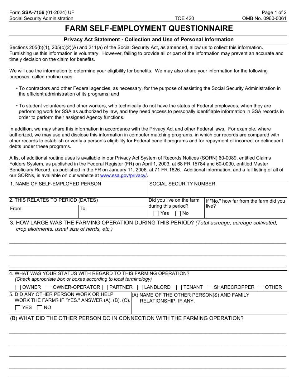 Form SSA-7156 Farm Self-employment Questionnaire, Page 1