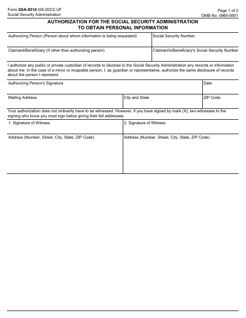 Form SSA-8510 Authorization for the Social Security Administration to Obtain Personal Information