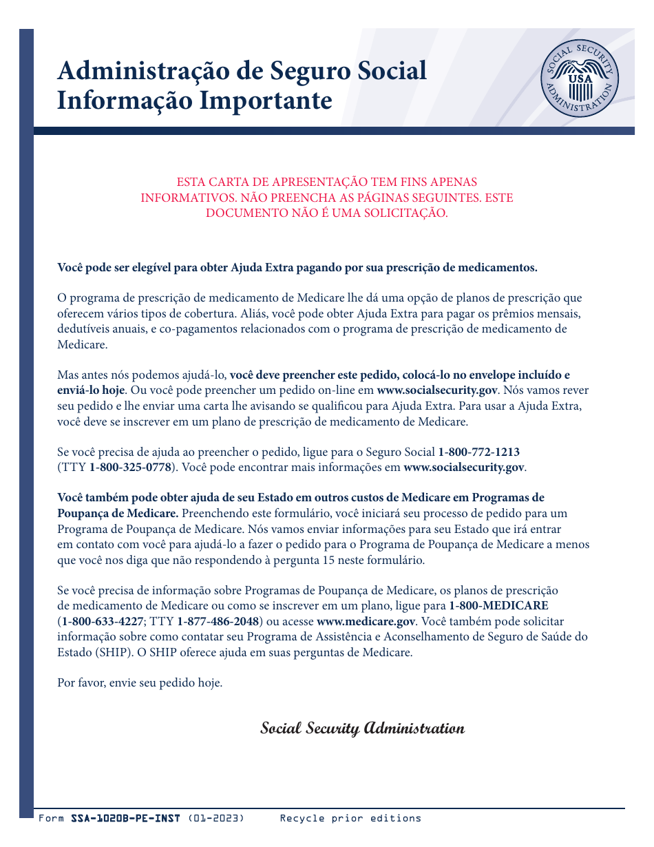 Instructions for Form SSA-1020 Application for Extra Help With Medicare Prescription Drug Plan Costs (Portuguese), Page 1