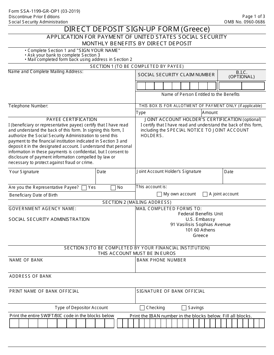 Form SSA-1199-GR-OP1 Direct Deposit Sign-Up Form (Greece), Page 1