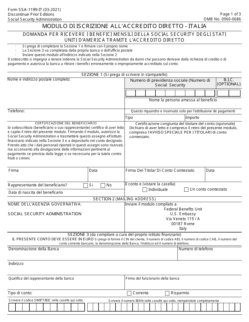 Form SSA-1199-IT Direct Deposit Sign up Form - Italy (Italian), Page 1