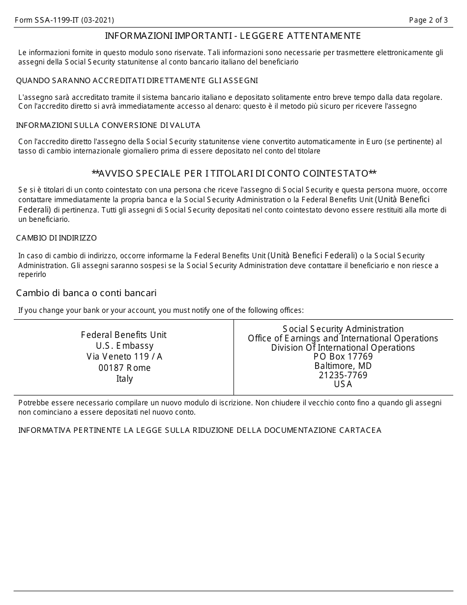 Form SSA-1199-IT Direct Deposit Sign up Form - Italy (Italian), Page 2