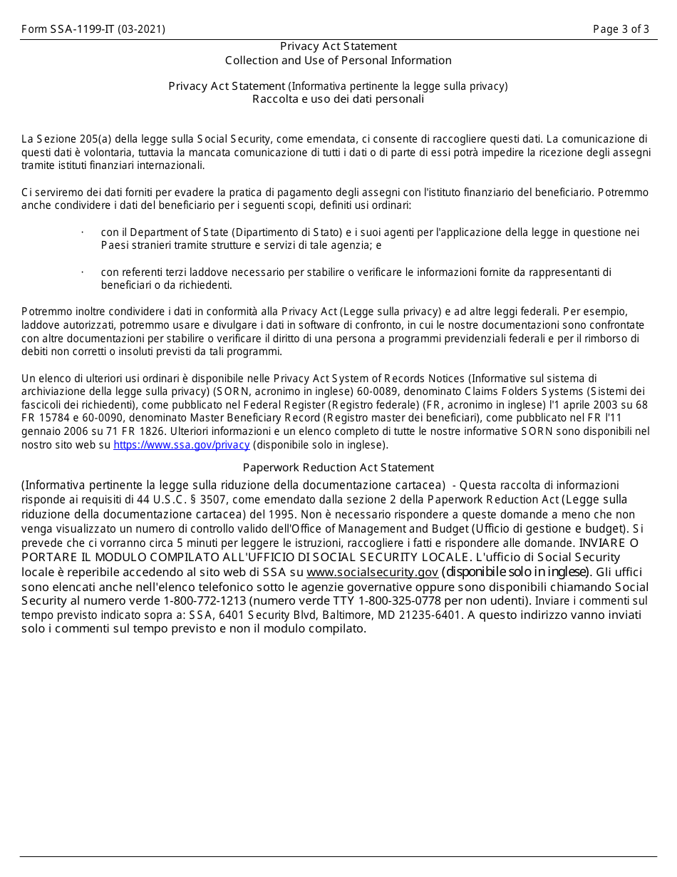 Form SSA-1199-IT Direct Deposit Sign up Form - Italy (Italian), Page 3