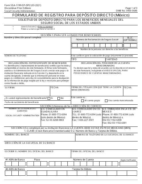 Formulario SSA-1199-SP-OP2 Formulario De Registro Para Deposito Directo (Mexico) (Spanish)