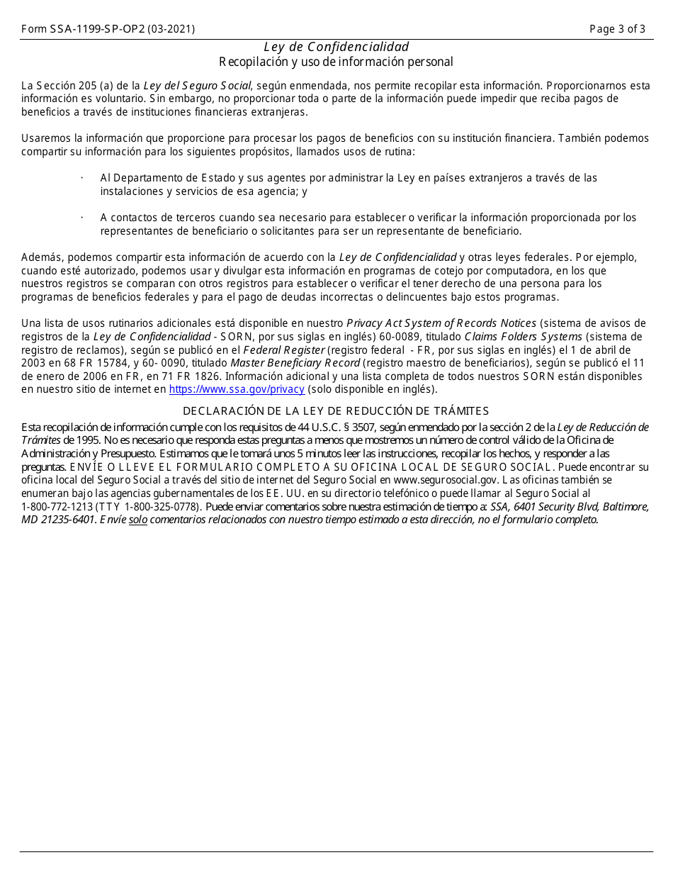 Formulario SSA-1199-SP-OP2 Formulario De Registro Para Deposito Directo (Mexico) (Spanish), Page 3