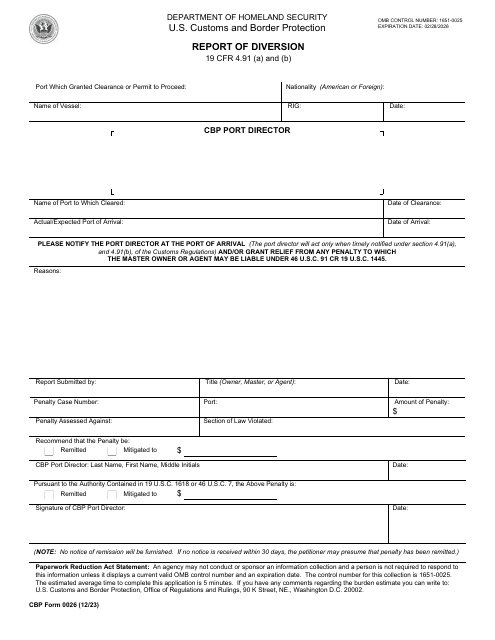 CBP Form 0026 Report of Diversion