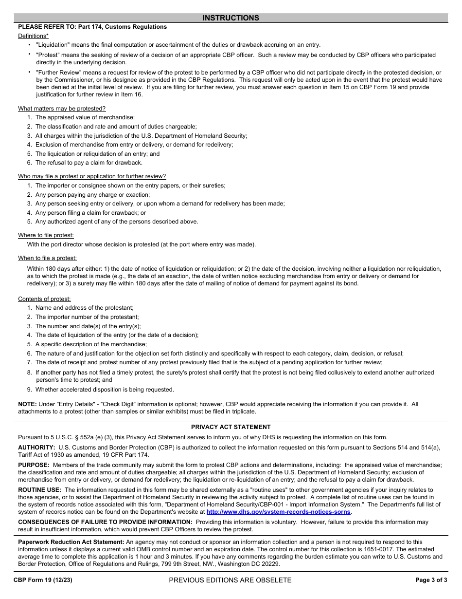 CBP Form 19 Protest, Page 3