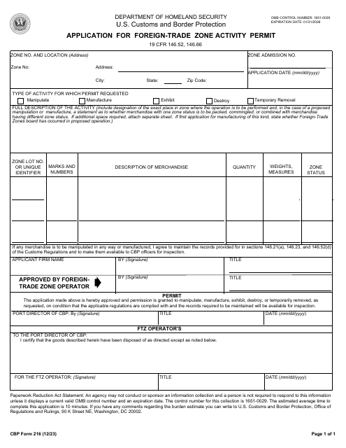 CBP Form 216  Printable Pdf