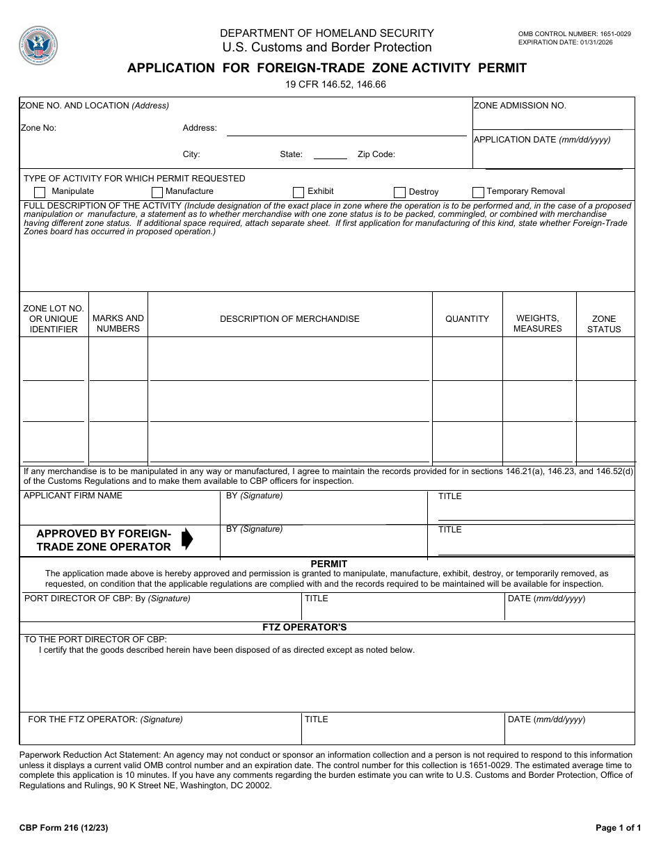 CBP Form 216 Application for Foreign-Trade Zone Activity Permit, Page 1
