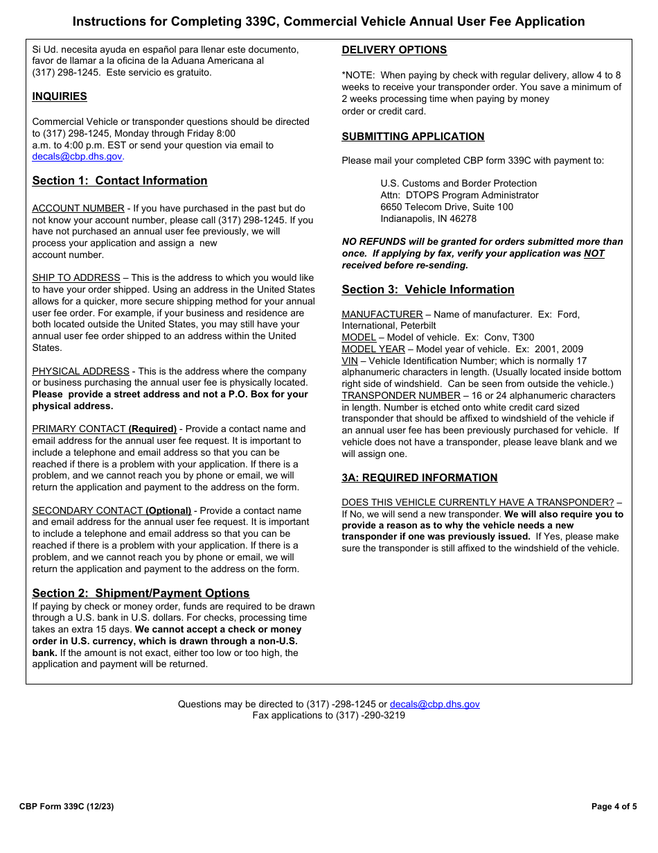 CBP Form 339C Vehicle Application, Page 4