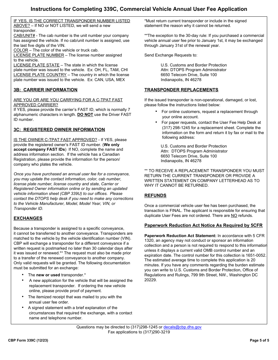 CBP Form 339C Vehicle Application, Page 5