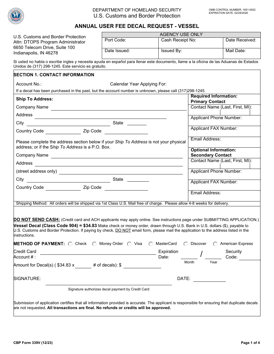 CBP Form 339V Annual User Fee Decal Request - Vessel, Page 1