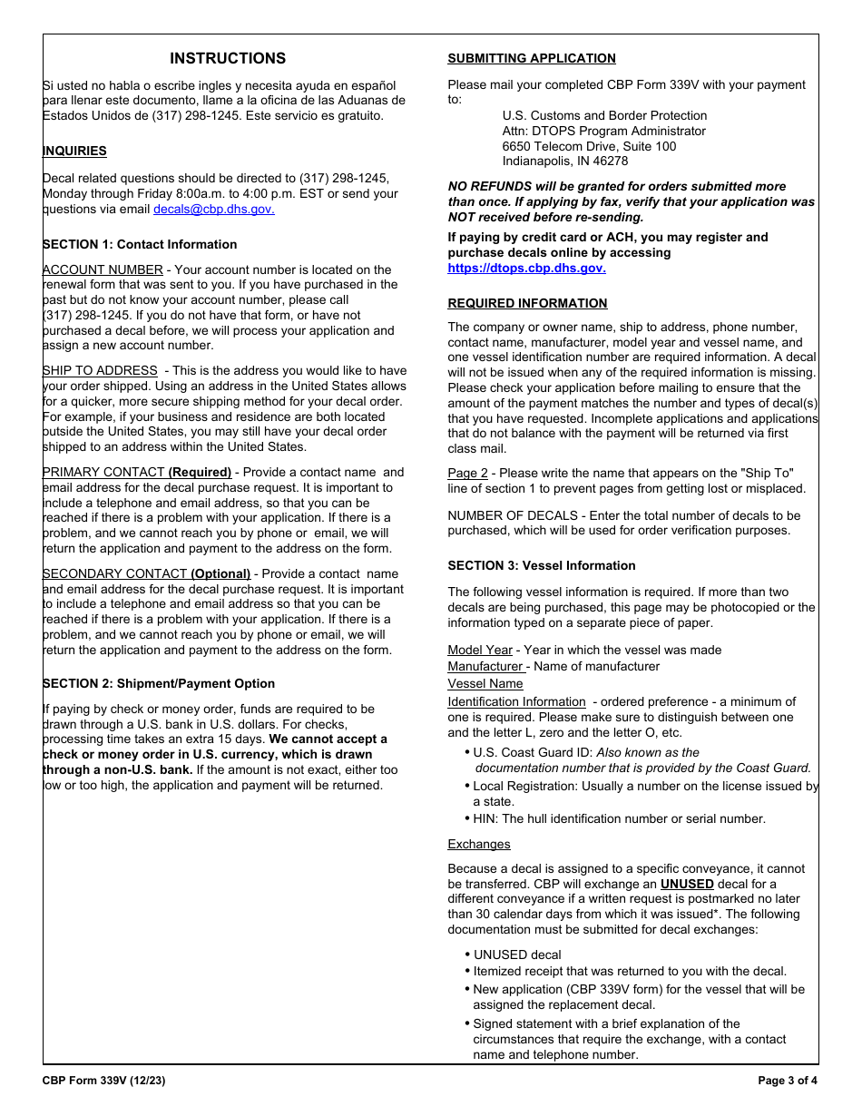 CBP Form 339V Annual User Fee Decal Request - Vessel, Page 3
