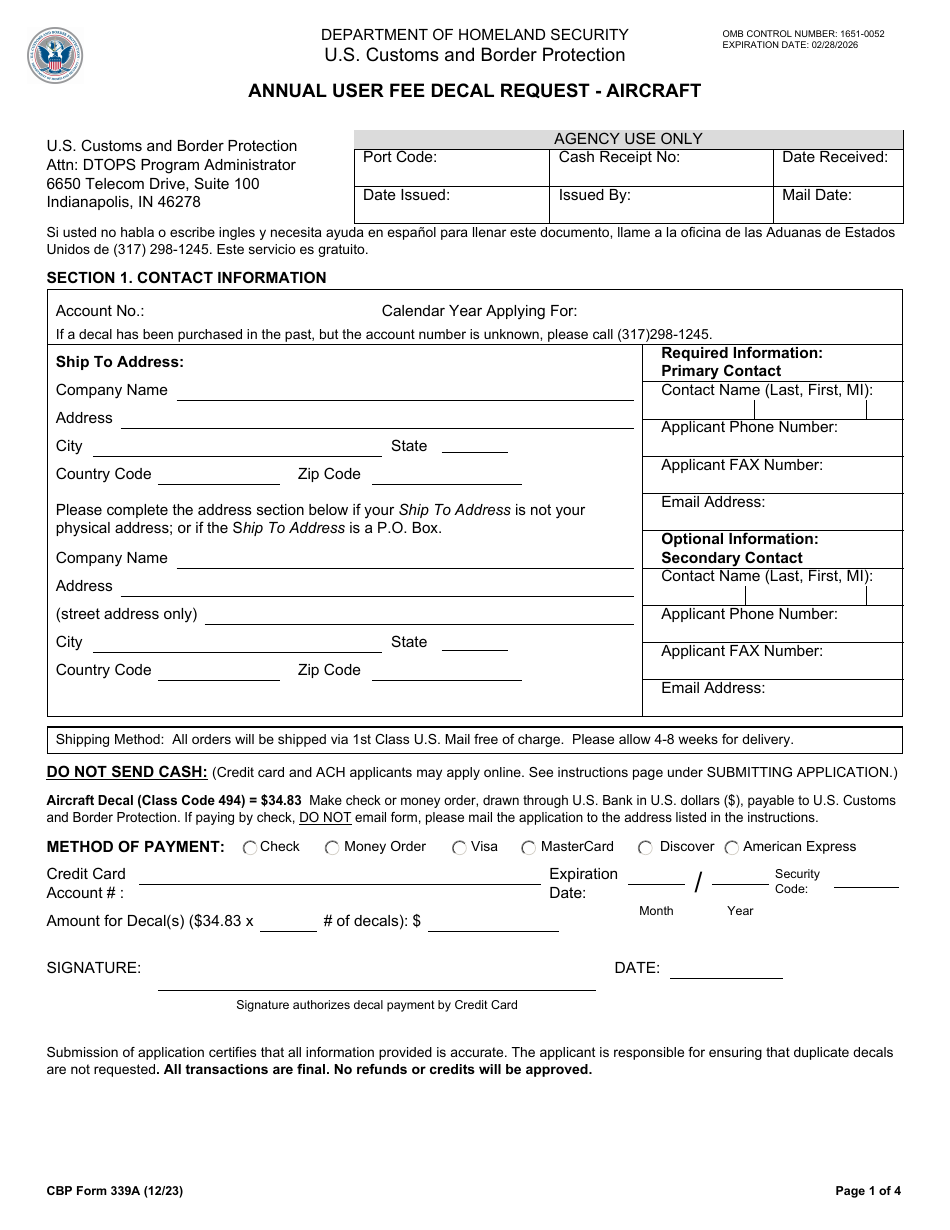 CBP Form 339A Annual User Fee Decal Request - Aircraft, Page 1