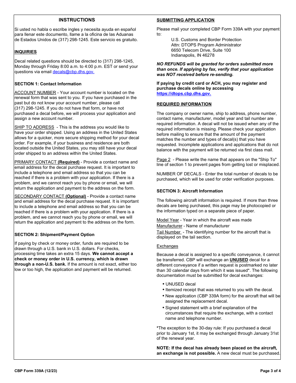 CBP Form 339A Annual User Fee Decal Request - Aircraft, Page 3