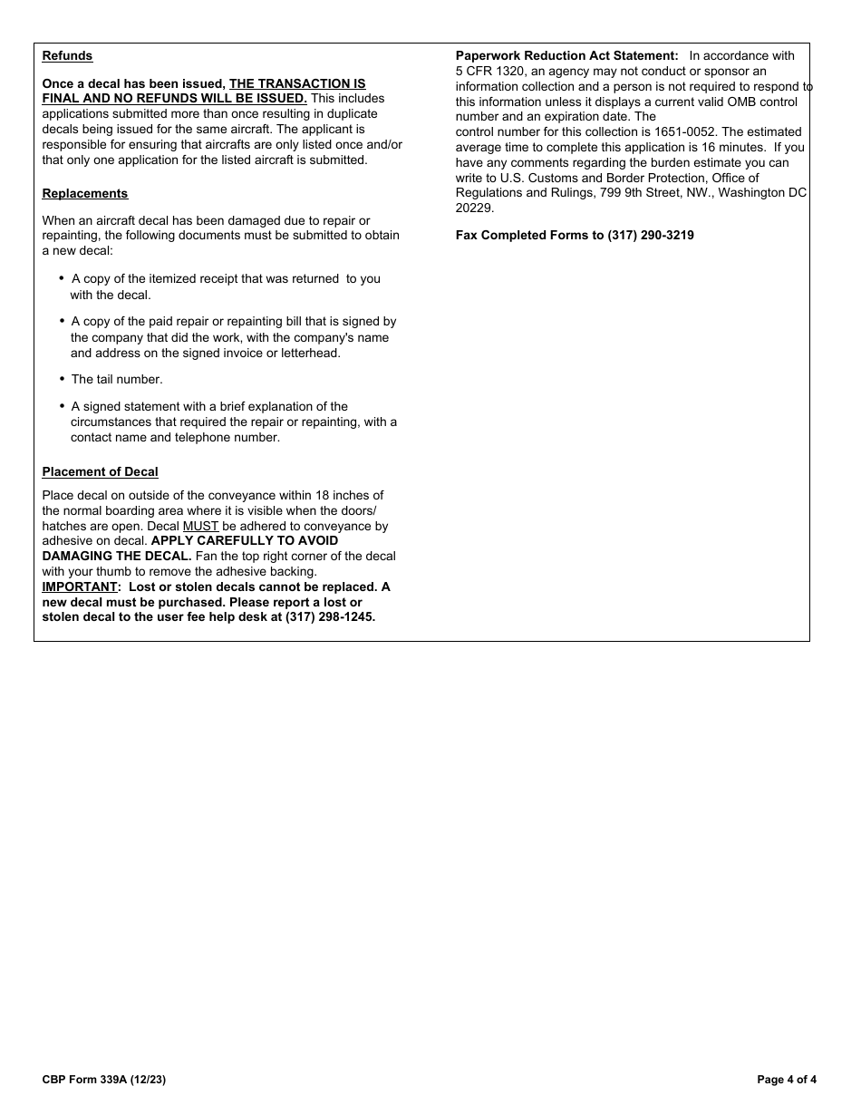 CBP Form 339A Annual User Fee Decal Request - Aircraft, Page 4